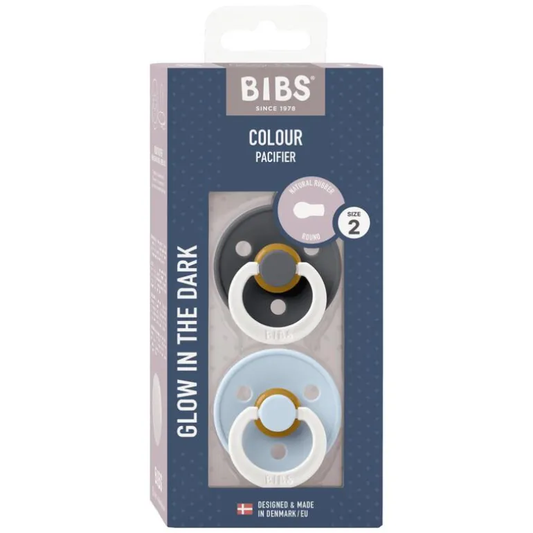 BIBS Glow in the dark Fopspeen Two Pack Natuurlijk Rubber Iron/Baby Blue Maat 2