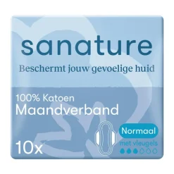 Sanature 100% Katoenen Maandverband Ultra Normaal Met Vleugels 10 stuks